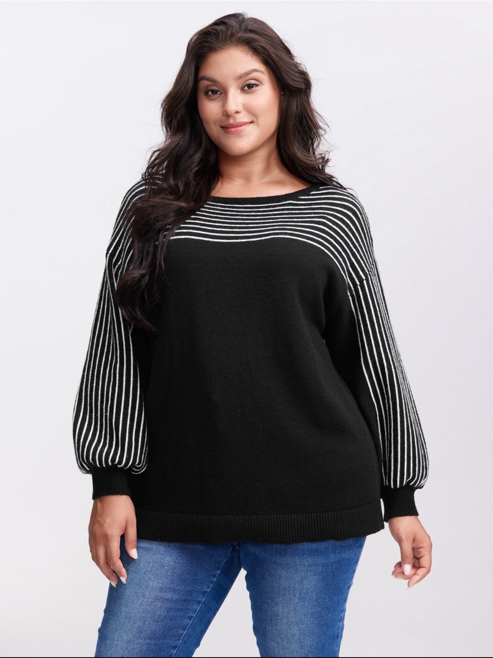 BloomChic Black and White Striped Boatneck Sweater, Balloon Sleeves